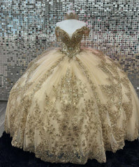 Misshow Champagne Ball Gown Off-Shoulder Lace & Beaded Tiered Tulle Quinceanera Dress for Sweet 16 & Birthday Celebrations