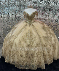 Misshow Champagne Ball Gown Off-Shoulder Lace & Beaded Tiered Tulle Quinceanera Dress for Sweet 16 & Birthday Celebrations