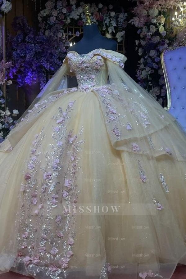 Misshow Champagne Ball Gown Off-Shoulder Sleeveless Tulle Dress with Beaded 3D Floral Appliques for Quinceanera Sweet 16 & Evening Galas