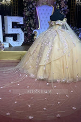 Misshow Champagne Ball Gown Off-Shoulder Sleeveless Tulle Dress with Beaded 3D Floral Appliques for Quinceanera Sweet 16 & Evening Galas