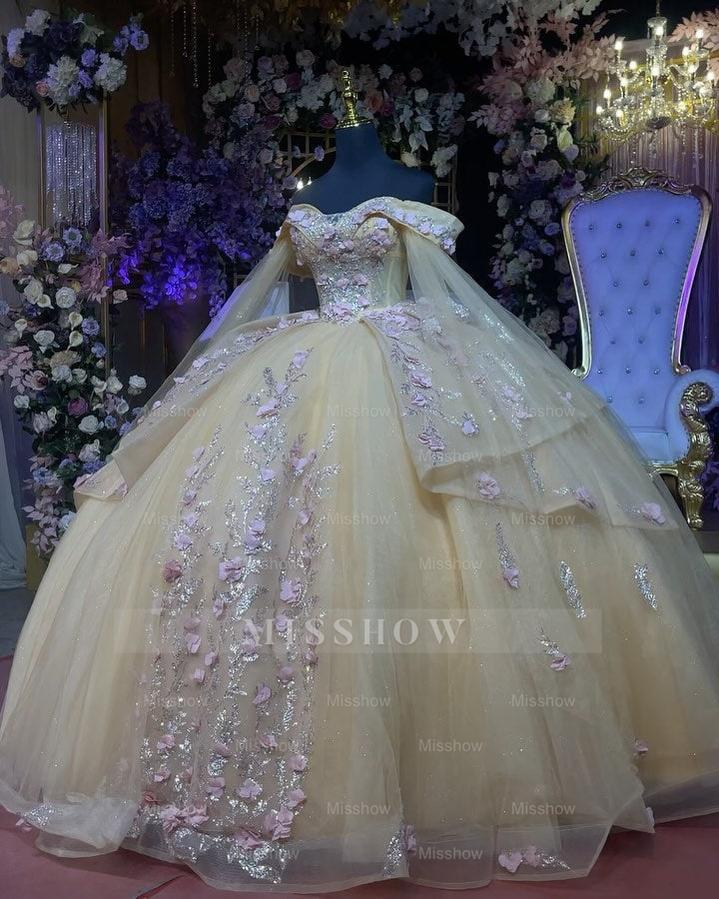 Misshow Champagne Ball Gown Off-Shoulder Sleeveless Tulle Dress with Beaded 3D Floral Appliques for Quinceanera Sweet 16 & Evening Galas