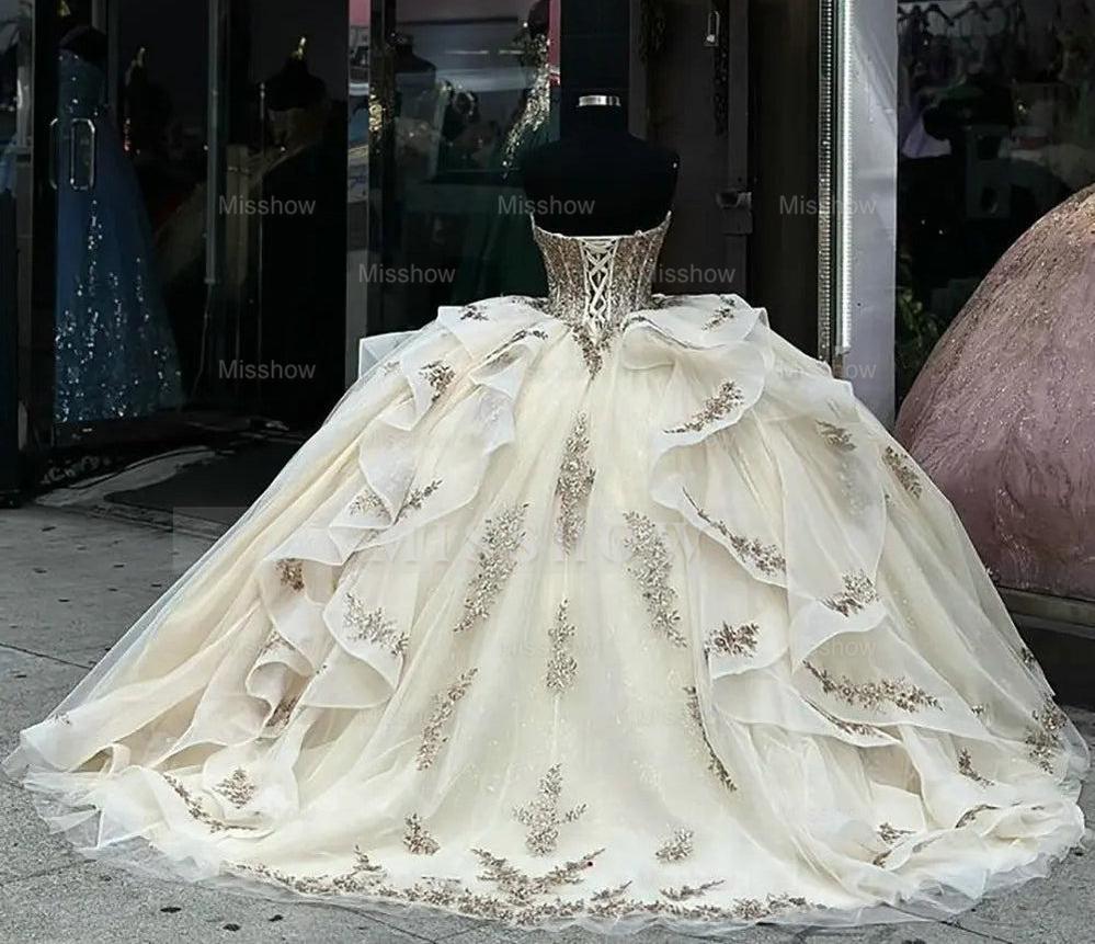 Misshow Champagne Ball Gown Sweetheart Neckline with Lace Appliques & Tiered Ruffles for Quinceanera Sweet 16 or Graduation