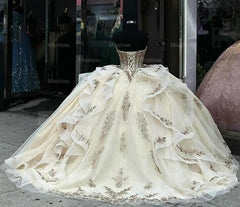 Misshow Champagne Ball Gown Sweetheart Neckline with Lace Appliques & Tiered Ruffles for Quinceanera Sweet 16 or Graduation