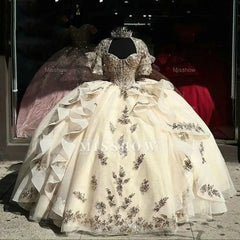 Misshow Champagne Ball Gown Sweetheart Neckline with Lace Appliques & Tiered Ruffles for Quinceanera Sweet 16 or Graduation