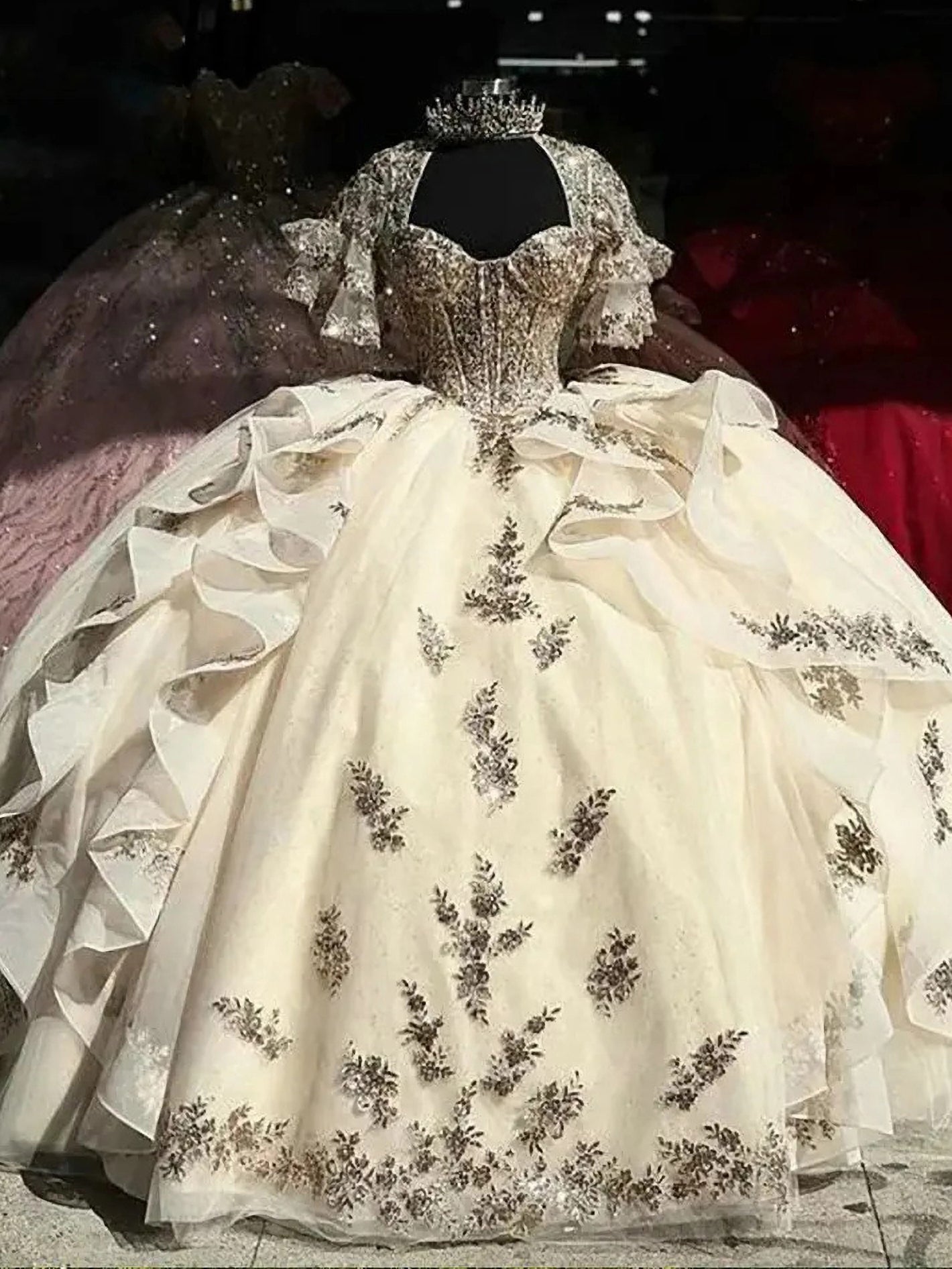 Misshow Champagne Ball Gown Sweetheart Neckline with Lace Appliques & Tiered Ruffles for Quinceanera Sweet 16 or Graduation