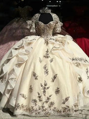 Misshow Champagne Ball Gown Sweetheart Neckline with Lace Appliques & Tiered Ruffles for Quinceanera Sweet 16 or Graduation