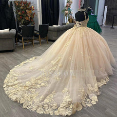 Misshow Champagne Ball Gown V-Neck Lace Applique Quinceanera Dress with Spaghetti Straps for Sweet 16 & Formal Events