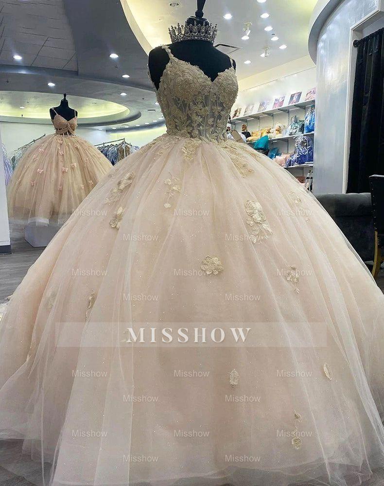 Misshow Champagne Ball Gown V-Neck Lace Applique Quinceanera Dress with Spaghetti Straps for Sweet 16 & Formal Events