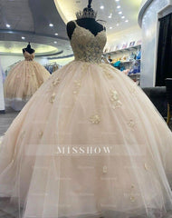 Misshow Champagne Ball Gown V-Neck Lace Applique Quinceanera Dress with Spaghetti Straps for Sweet 16 & Formal Events