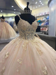 Misshow Champagne Ball Gown V-Neck Lace Applique Quinceanera Dress with Spaghetti Straps for Sweet 16 & Formal Events