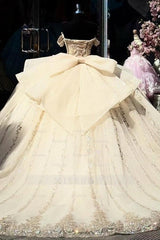 Misshow Champagne Gold Beaded Ball Gown Off-Shoulder Sleeveless Quinceanera Dress with Tulle Skirt & Bow Detail for Sweet 16 Birthday & Formal Events