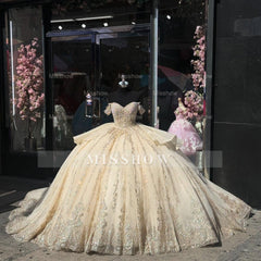 Misshow Champagne Gold Beaded Ball Gown Off-Shoulder Sleeveless Quinceanera Dress with Tulle Skirt & Bow Detail for Sweet 16 Birthday & Formal Events