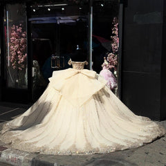 Misshow Champagne Gold Beaded Ball Gown Off-Shoulder Sleeveless Quinceanera Dress with Tulle Skirt & Bow Detail for Sweet 16 Birthday & Formal Events