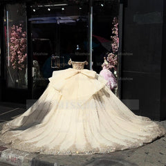 Misshow Champagne Gold Beaded Ball Gown Off-Shoulder Sleeveless Quinceanera Dress with Tulle Skirt & Bow Detail for Sweet 16 Birthday & Formal Events