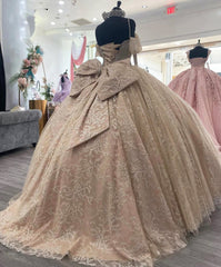 Misshow Champagne Quinceanera Ball Gown Off-Shoulder Spaghetti Strap Lace Applique Tulle Dress for Sweet 16
