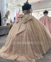 Misshow Champagne Quinceanera Ball Gown Off-Shoulder Spaghetti Strap Lace Applique Tulle Dress for Sweet 16