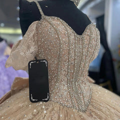 Misshow Champagne Quinceanera Ball Gown Off-Shoulder Spaghetti Strap Lace Applique Tulle Dress for Sweet 16