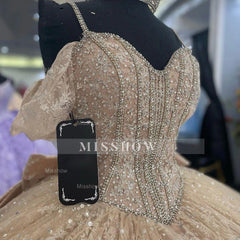 Misshow Champagne Quinceanera Ball Gown Off-Shoulder Spaghetti Strap Lace Applique Tulle Dress for Sweet 16