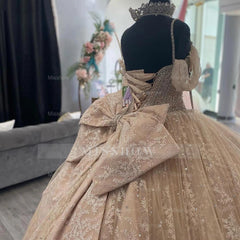 Misshow Champagne Quinceanera Ball Gown Off-Shoulder Spaghetti Strap Lace Applique Tulle Dress for Sweet 16