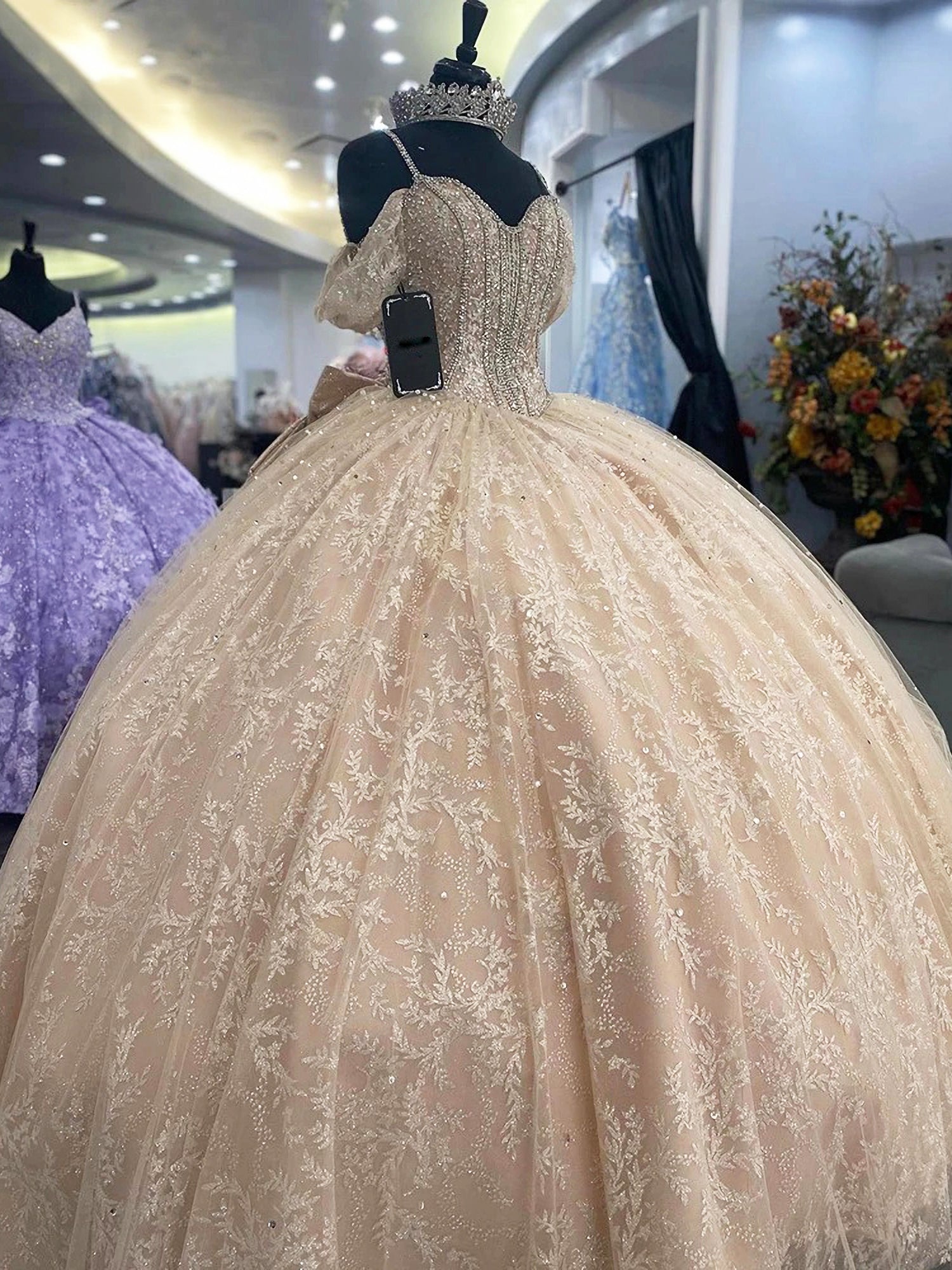 Misshow Champagne Quinceanera Ball Gown Off-Shoulder Spaghetti Strap Lace Applique Tulle Dress for Sweet 16