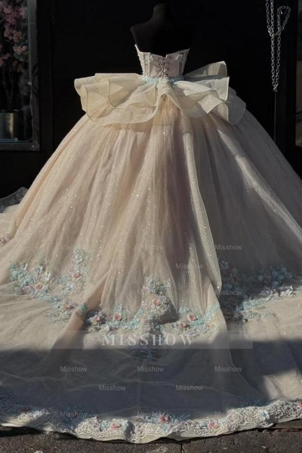 Misshow Champagne Quinceanera Dress Strapless Tiered Tulle Gown with 3D Floral Appliques & Lace-Up Detail for Sweet 16 & Birthday Parties