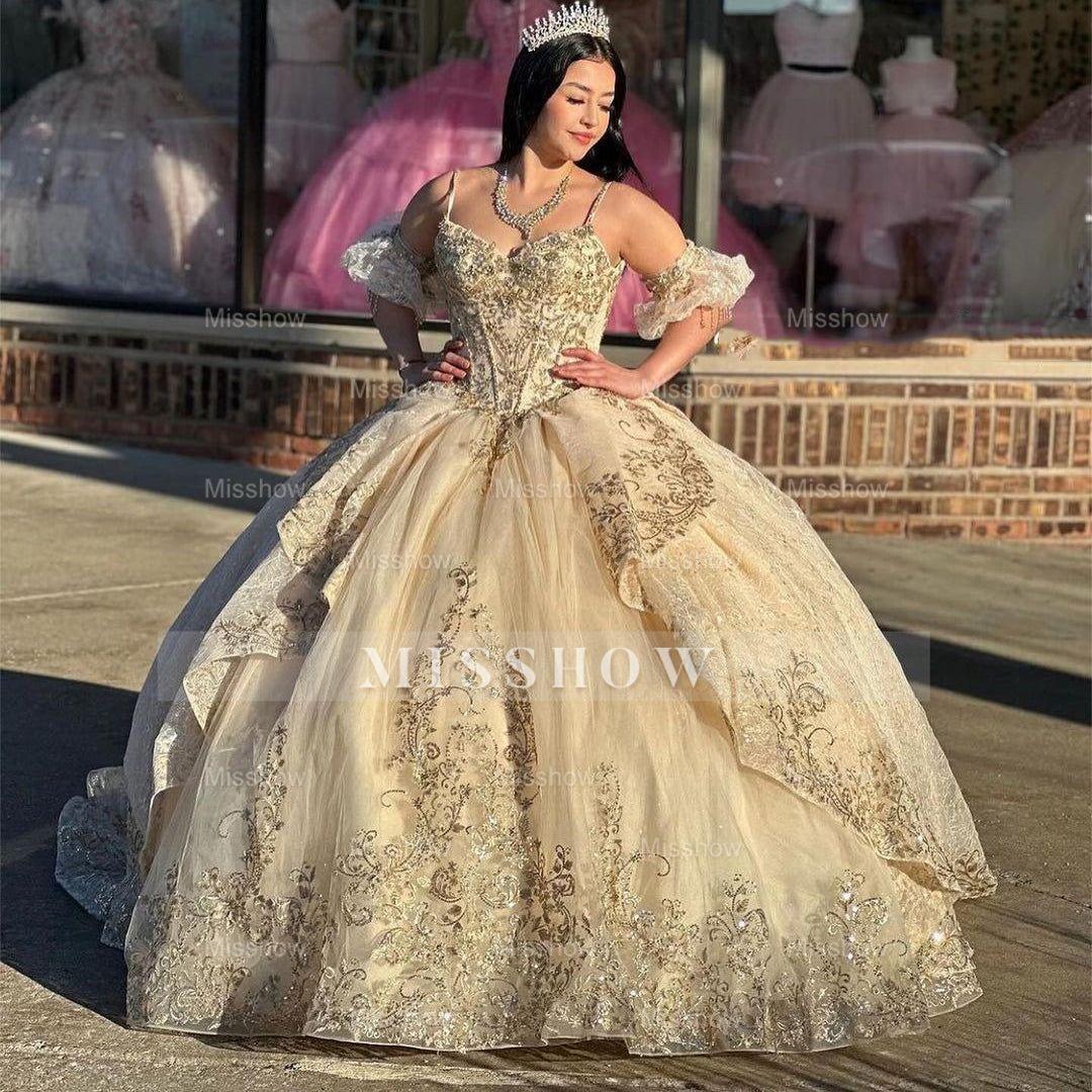 Misshow Champagne Quinceanera Dress Sweetheart Neckline Detachable Sleeves & Tiered Lace Applique Ball Gown for Sweet 16 Birthday & Evening Galas