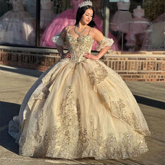 Misshow Champagne Quinceanera Dress Sweetheart Neckline Detachable Sleeves & Tiered Lace Applique Ball Gown for Sweet 16 Birthday & Evening Galas