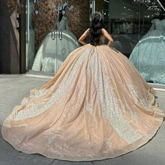Misshow Champagne Sequined Ball Gown Sweetheart Neckline Lace Applique & Beaded Quinceanera Dress for Sweet 16
