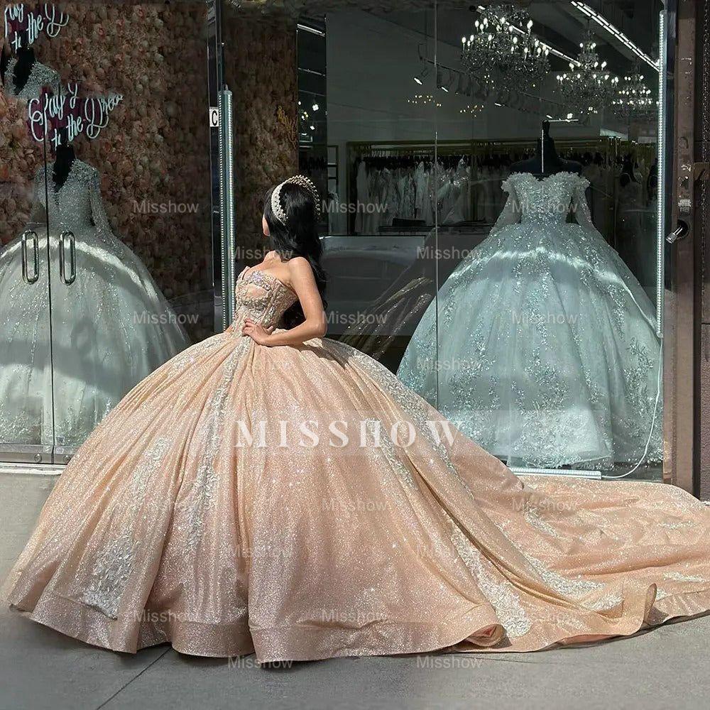 Misshow Champagne Sequined Ball Gown Sweetheart Neckline Lace Applique & Beaded Quinceanera Dress for Sweet 16