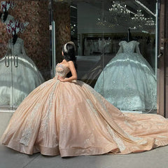 Misshow Champagne Sequined Ball Gown Sweetheart Neckline Lace Applique & Beaded Quinceanera Dress for Sweet 16