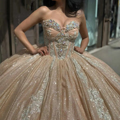 Misshow Champagne Sequined Ball Gown Sweetheart Neckline Lace Applique & Beaded Quinceanera Dress for Sweet 16