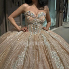 Misshow Champagne Sequined Ball Gown Sweetheart Neckline Lace Applique & Beaded Quinceanera Dress for Sweet 16