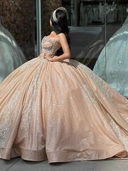Misshow Champagne Sequined Ball Gown Sweetheart Neckline Lace Applique & Beaded Quinceanera Dress for Sweet 16