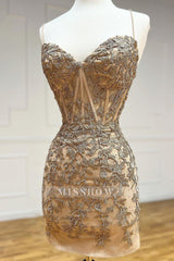 Misshow Champagne Spaghetti Straps Tight Short Homecoming Dress/Mini Dress with Appliques