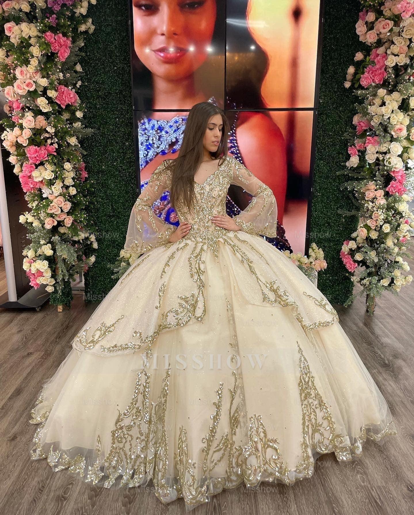 Misshow Champagne Tiered Tulle Quinceanera Dress Sweetheart Ball Gown with Long Sleeves Sequins & Beaded Appliques for Sweet 16 & Evening Galas