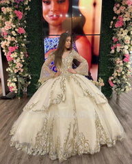 Misshow Champagne Tiered Tulle Quinceanera Dress Sweetheart Ball Gown with Long Sleeves Sequins & Beaded Appliques for Sweet 16 & Evening Galas