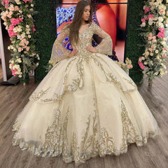 Misshow Champagne Tiered Tulle Quinceanera Dress Sweetheart Ball Gown with Long Sleeves Sequins & Beaded Appliques for Sweet 16 & Evening Galas