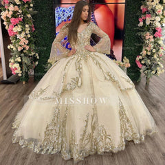 Misshow Champagne Tiered Tulle Quinceanera Dress Sweetheart Ball Gown with Long Sleeves Sequins & Beaded Appliques for Sweet 16 & Evening Galas
