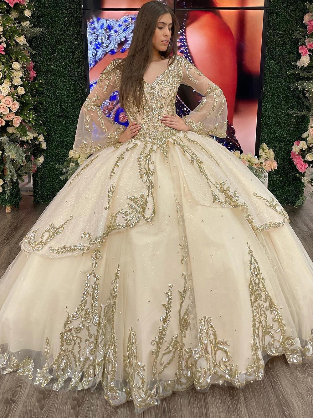 Misshow Champagne Tiered Tulle Quinceanera Dress Sweetheart Ball Gown with Long Sleeves Sequins & Beaded Appliques for Sweet 16 & Evening Galas