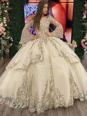 Misshow Champagne Tiered Tulle Quinceanera Dress Sweetheart Ball Gown with Long Sleeves Sequins & Beaded Appliques for Sweet 16 & Evening Galas
