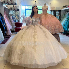 Misshow Champagne Tulle Quinceanera Dress Off-Shoulder Ball Gown with Puff Sleeves & Lace Appliques for Sweet 16 & Princess Parties