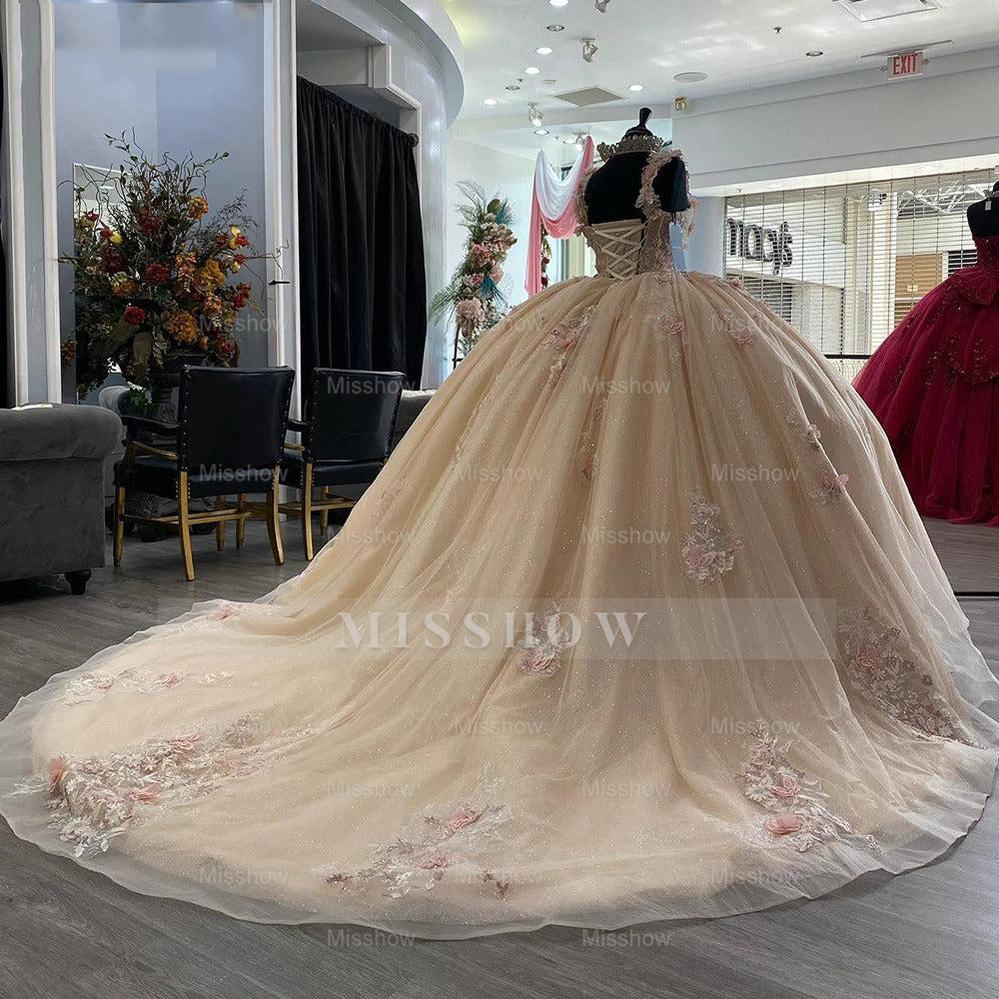 Misshow Champagne Tulle Quinceanera Dress Strapless Ball Gown with 3D Floral Lace & Sweep Train for Sweet 16 & Princess Galas