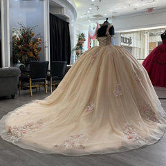 Misshow Champagne Tulle Quinceanera Dress Strapless Ball Gown with 3D Floral Lace & Sweep Train for Sweet 16 & Princess Galas