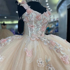 Misshow Champagne Tulle Quinceanera Dress Strapless Ball Gown with 3D Floral Lace & Sweep Train for Sweet 16 & Princess Galas