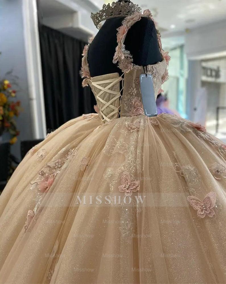 Misshow Champagne Tulle Quinceanera Dress Strapless Ball Gown with 3D Floral Lace & Sweep Train for Sweet 16 & Princess Galas