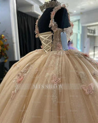 Misshow Champagne Tulle Quinceanera Dress Strapless Ball Gown with 3D Floral Lace & Sweep Train for Sweet 16 & Princess Galas
