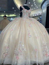 Misshow Champagne Tulle Quinceanera Dress Strapless Ball Gown with 3D Floral Lace & Sweep Train for Sweet 16 & Princess Galas