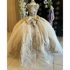 Misshow Champagne Tulle Quinceanera Dress Sweetheart Ball Gown with 3D Floral Lace & Beaded Bow for Sweet 16 & Birthday Galas