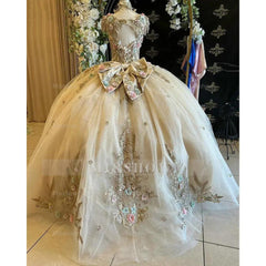 Misshow Champagne Tulle Quinceanera Dress Sweetheart Ball Gown with 3D Floral Lace & Beaded Bow for Sweet 16 & Birthday Galas