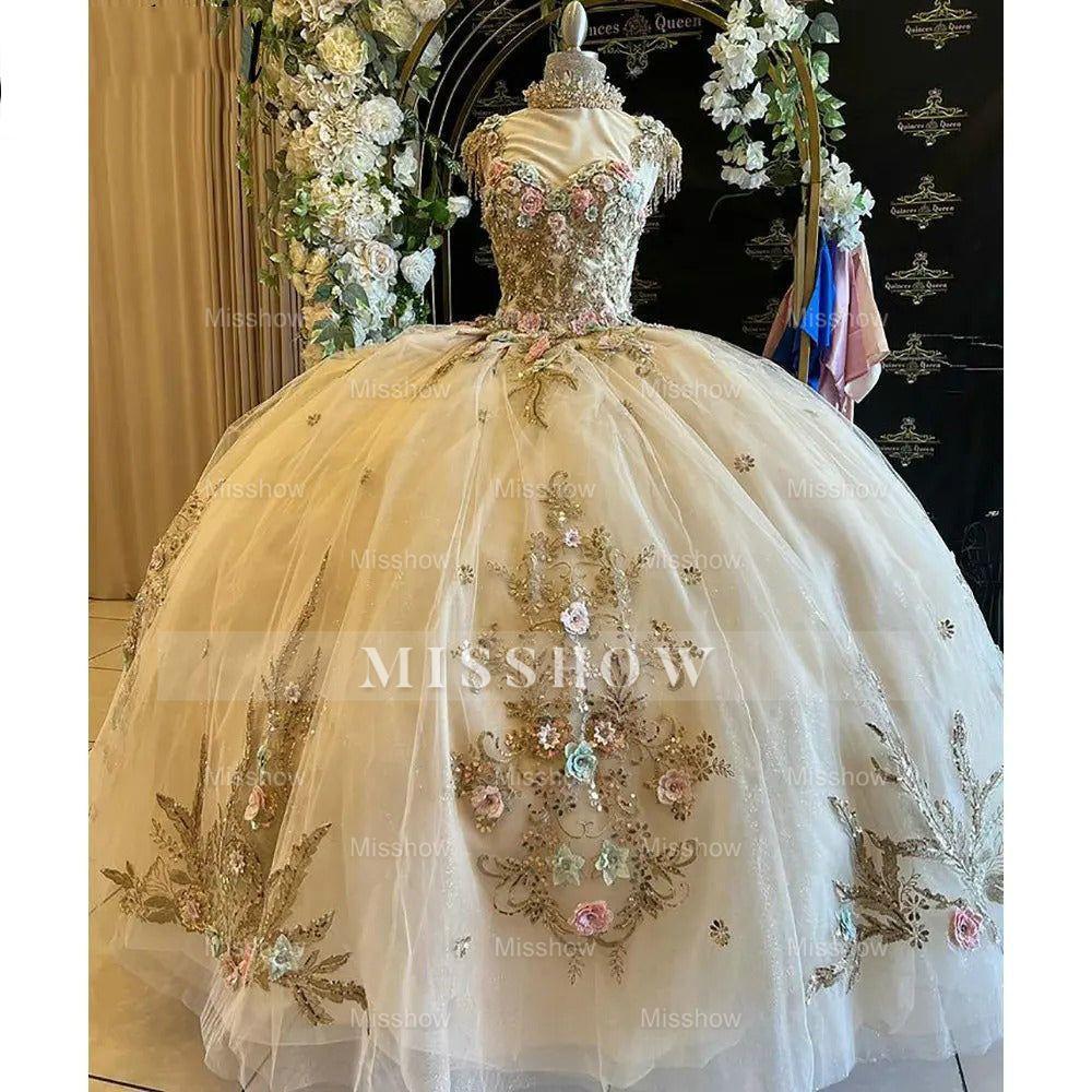 Misshow Champagne Tulle Quinceanera Dress Sweetheart Ball Gown with 3D Floral Lace & Beaded Bow for Sweet 16 & Birthday Galas